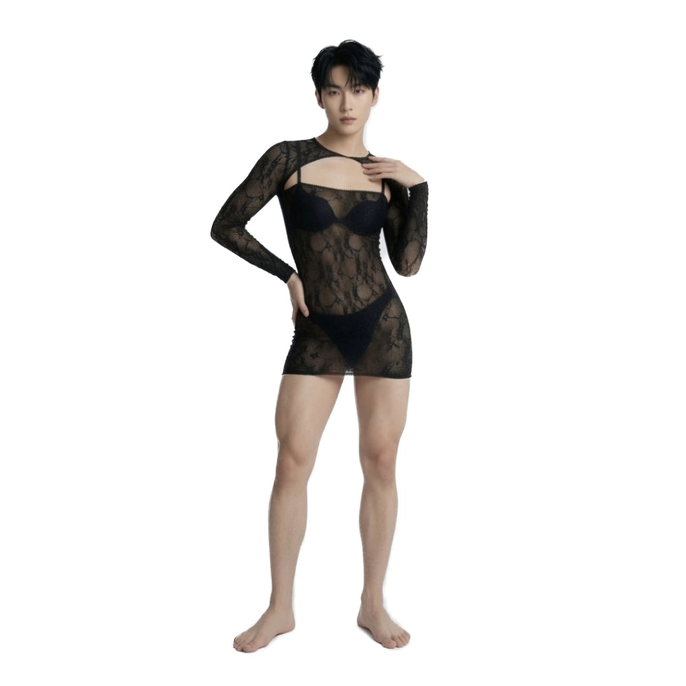 vestido de encaje - prenda erotica - lenceria sexy - malla femenina - ropa erotica - malla de encaje - malla negra - lenceria negra - prenda transparente - floral - sexshop dominame - dominame